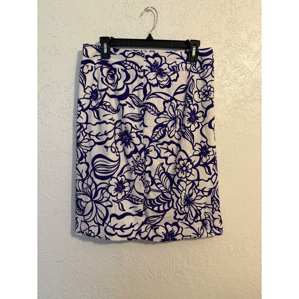Cato Blue White Floral Linen Blend Pencil Skirt Size 6 Lined Knee Length